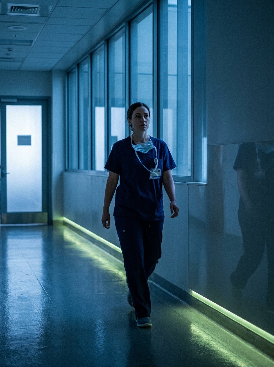 Pflegekraft geht durch einen Klinikflur in der blauen Stunde